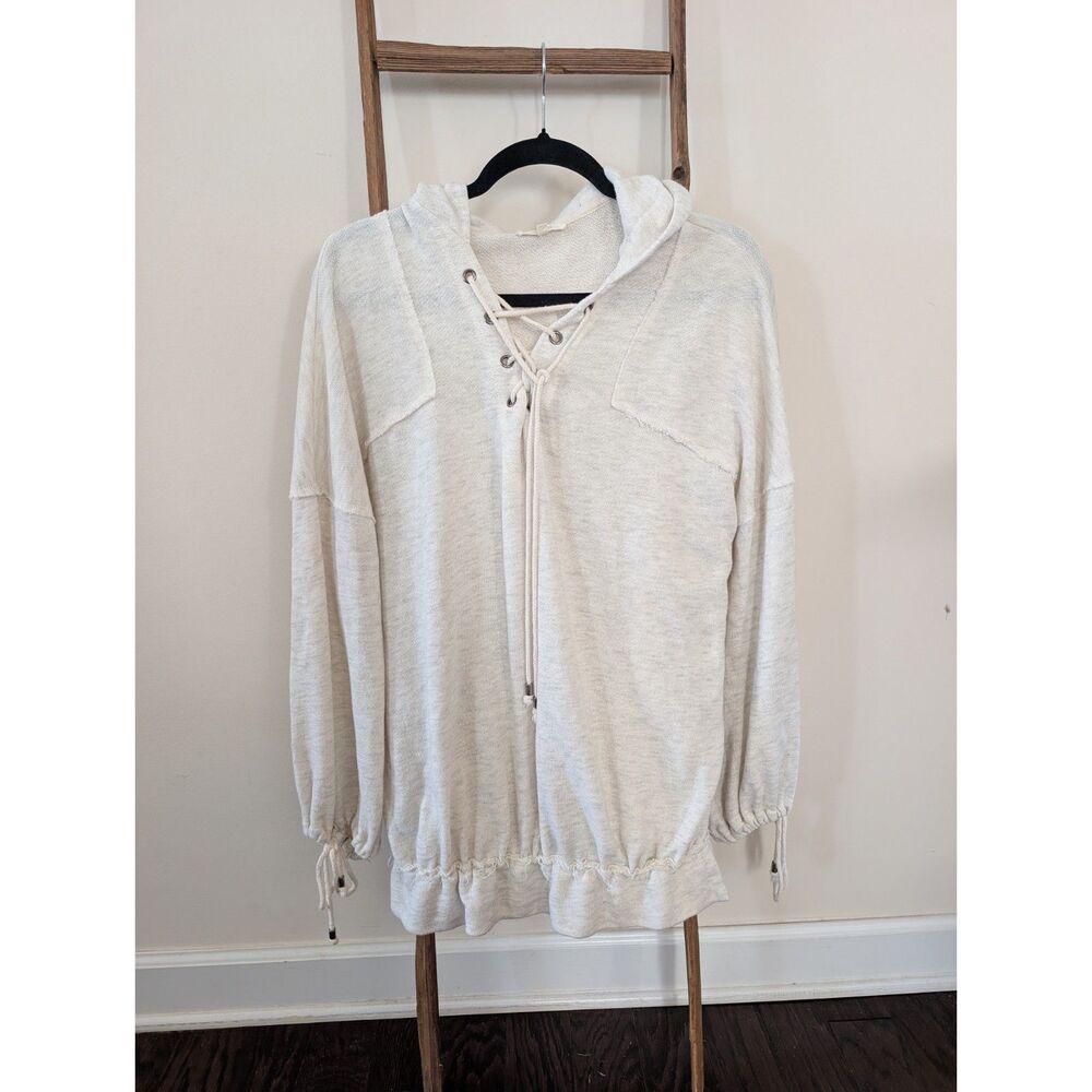 Easel cream lace-up oversized hoodie tunic, exposed seam raw edge, grunge SMALL